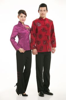 Wearing Chinese clothing waiter in front of a white background