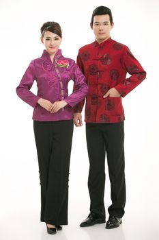 Wearing Chinese clothing waiter in front of a white background