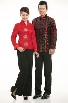 Wearing Chinese clothing waiter in front of a white background