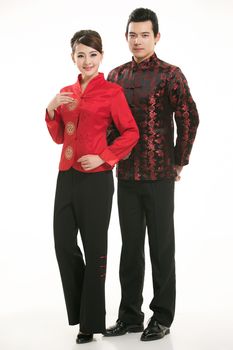 Wearing Chinese clothing waiter in front of a white background