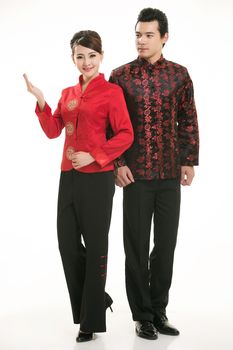 Wearing Chinese clothing waiter in front of a white background