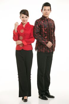 Wearing Chinese clothing waiter in front of a white background