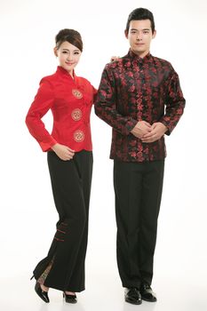 Wearing Chinese clothing waiter in front of a white background