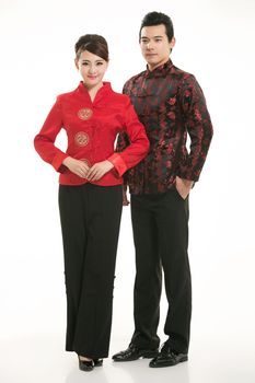 Wearing Chinese clothing waiter in front of a white background