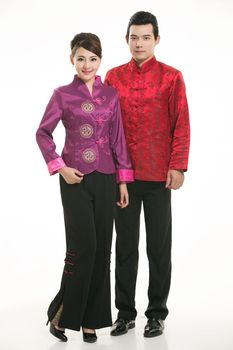 Wearing Chinese clothing waiter in front of a white background