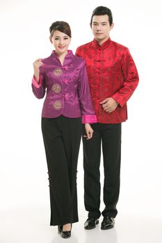 Wearing Chinese clothing waiter in front of a white background