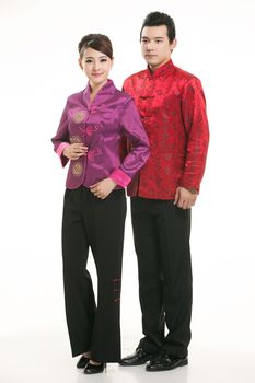 Wearing Chinese clothing waiter in front of a white background