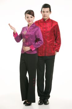 Wearing Chinese clothing waiter in front of a white background