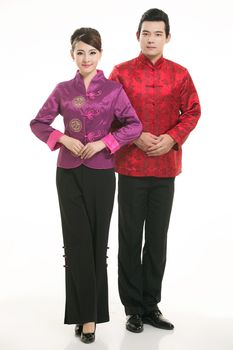 Wearing Chinese clothing waiter in front of a white background