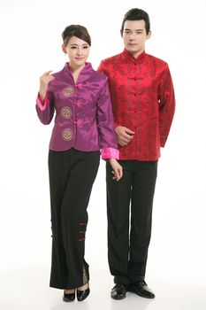 Wearing Chinese clothing waiter in front of a white background