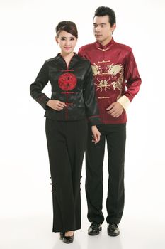 Wearing Chinese clothing waiter in front of a white background