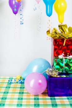 Balloons and gifts. Festive decoration. Background or card