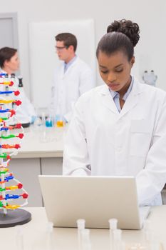 Scientist using laptop while colleagues talking together in the laboratory 