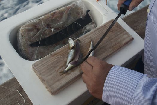 man fisherman carve small fish for fishing