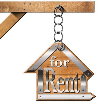 Wooden and metallic sign in the shape of house with text for rent. For rent real estate sign hanging from a chain a wooden pole and isolated on white