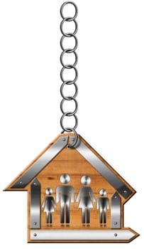 Wooden and metallic sign in the shape of house with symbol of a family. Hanging from a metal chain and isolated on white background