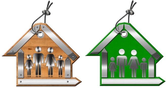 Two labels in the shape of house with a metal cable and symbol of a family. Isolated on white background