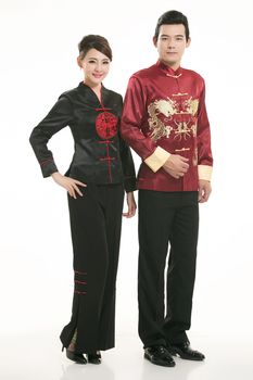 Wearing Chinese clothing waiter in front of a white background