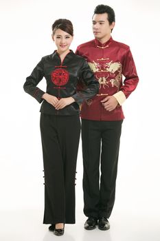 Wearing Chinese clothing waiter in front of a white background