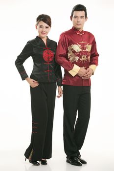 Wearing Chinese clothing waiter in front of a white background