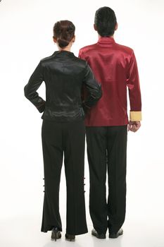 Wearing Chinese clothing waiter in front of a white background