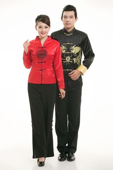 Wearing Chinese clothing waiter in front of a white background