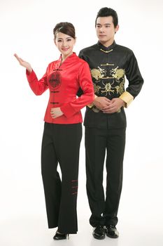 Wearing Chinese clothing waiter in front of a white background