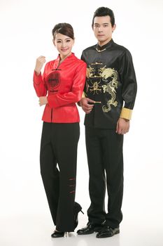 Wearing Chinese clothing waiter in front of a white background