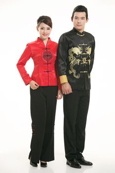 Wearing Chinese clothing waiter in front of a white background