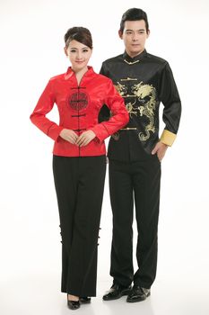 Wearing Chinese clothing waiter in front of a white background