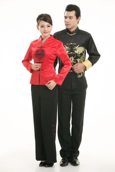 Wearing Chinese clothing waiter in front of a white background