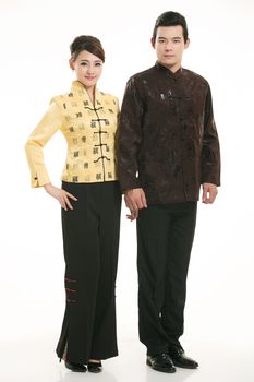 Wearing Chinese clothing waiter in front of a white background