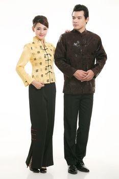 Wearing Chinese clothing waiter in front of a white background