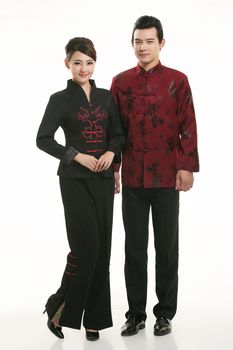 Wearing Chinese clothing waiter in front of a white background