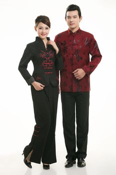 Wearing Chinese clothing waiter in front of a white background