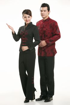 Wearing Chinese clothing waiter in front of a white background