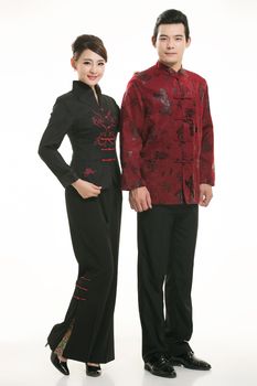 Wearing Chinese clothing waiter in front of a white background