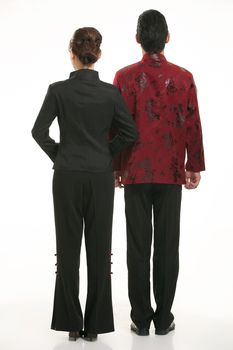 Wearing Chinese clothing waiter in front of a white background