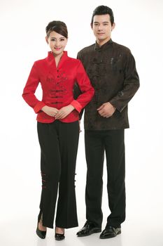 Wearing Chinese clothing waiter in front of a white background