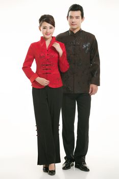 Wearing Chinese clothing waiter in front of a white background