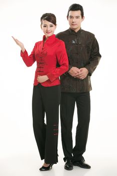 Wearing Chinese clothing waiter in front of a white background