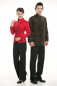 Wearing Chinese clothing waiter in front of a white background