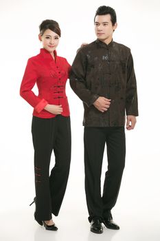 Wearing Chinese clothing waiter in front of a white background