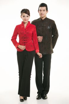 Wearing Chinese clothing waiter in front of a white background