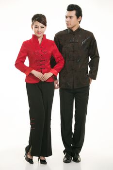 Wearing Chinese clothing waiter in front of a white background