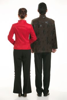 Wearing Chinese clothing waiter in front of a white background