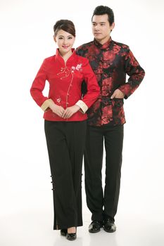 Wearing Chinese clothing waiter in front of a white background