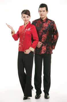 Wearing Chinese clothing waiter in front of a white background