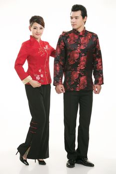 Wearing Chinese clothing waiter in front of a white background