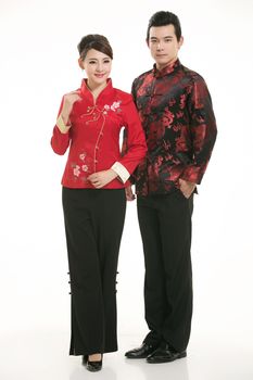 Wearing Chinese clothing waiter in front of a white background